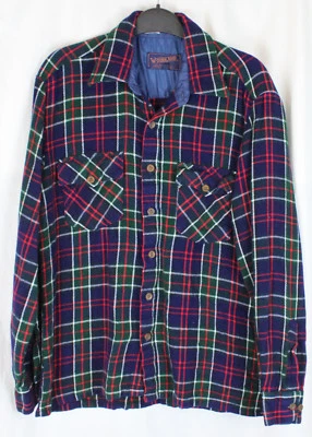 Woodland Plaid Shirt Vtg Farmer Rockabilly Virgin Acrylic Navy Red M 15 15.5 - Image 1 of 4