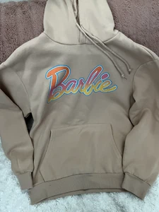 BARBIE MOVIE MENS HOODIE MEDIUM DREAM CAR FUEL YOUR DREAMS SOFT DOG PUPPY TAN - Picture 1 of 4