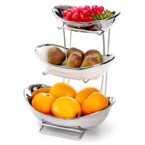 3 Tier Ceramic Fruit Bowl, Oval Tiered Serving Bowl Set, Porcelain Fruit - Picture 1 of 8