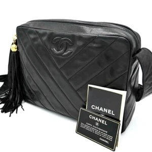 CHANEL Fringe Shoulder Bag Lambskin Bias Stitching Coco Mark Black Excellent - Picture 1 of 10