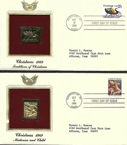 USA 1989 FDC SLEIGH FULL OF PRESENTS, MADONNA & CHILD GOLD FOIL CHRISTMAS - Picture 1 of 1