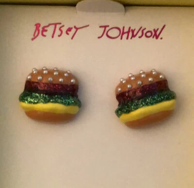 Betsey Johnson Gold Tone Hamburger Stud Earrings Faux Pearl Accents NIB - Image 1 of 4