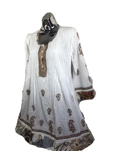 womens sz 8 embroidered contrasting trim tuxedo fron cotton tunic blouse - Picture 1 of 7