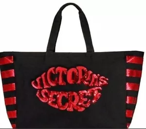 Victoria’s Secret Sequin Lip’s Black Red X-LARGE Tote Carry-on Duffle Weekender - Picture 1 of 13