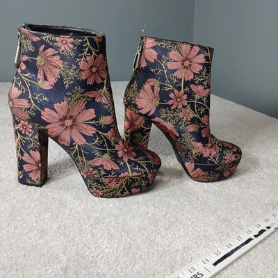 Cupido Talla 9 Botines Floral Satén Tapiz Diseño 5" Bloque Tacón Cremallera Trasera Foto 1 de 4