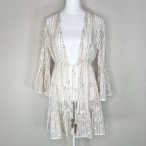 Blue Island White Pink Gold Shimmer Striped Eyelet Boho Beach Swim Coverup XS - Picture 1 of 10