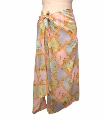 Винтажная шифоновая миди-юбка 90-х Leggiadro с принтом из морской ракушки пастельная для прибрежного курорта размер M - Изображение 1 из 4