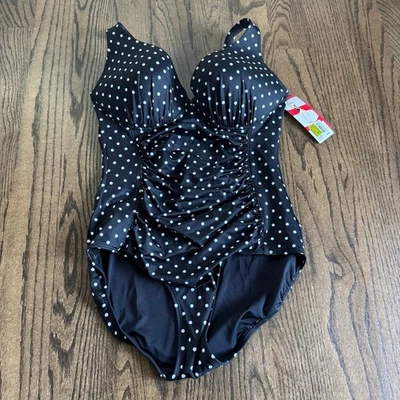Spanx Underwire Shaping One Piece Ruched Swim Suit Black White Polka Dot Size 14 - Image 1 of 4
