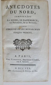 1770 ANECDOTES DU NORD antique FRENCH HISTORY of Sweden Denmark Poland & Russia - Picture 1 of 6