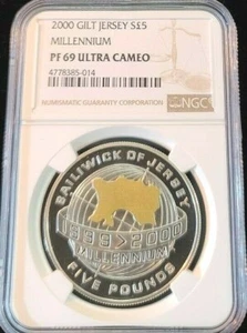 2000 JERSEY SILVER 5 POUNDS GILT MILLENNIUM NGC PF 69 ULTRA CAMEO HIGH GRADE - Picture 1 of 5