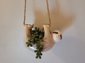 Cutest SLOTH Hanging Planter Faux Never Die Plant Bathroom Kitchen Ceramic - Picture 1 of 6