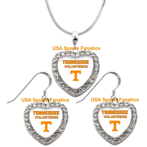 Tennessee Volunteers Necklace or Earrings or Set Team Heart With Rhinestones Cover