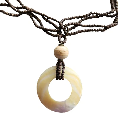 Coldwater Creek Collar Disco MOP Granos de Madera y Cuentas de Semillas Disco MOP Foto 1 de 4