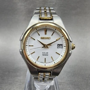 Seiko Solar Watch Women 28mm White Dial Two Tone Daydate Round V187-0AC0 Runs - Picture 1 of 11