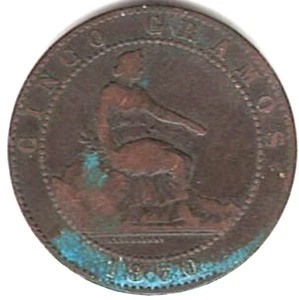 1870 FIVE CENTIMOS~ YOU GRADE IT. stk 0 - Picture 1 of 4