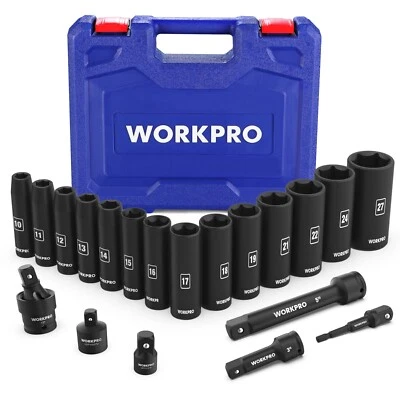 WORKPRO 20Piece 1/2''Drive Deep Impact Socket Set 6-Point Cr-V Steel 10-27mm NEW - Image 1 of 4