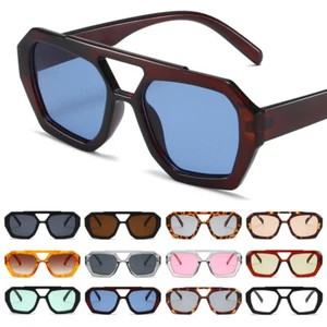 Retro Trendy Square Sunglasses Stylish Hexagonal Frame Double Bridge Sun Glasses - Picture 1 of 30