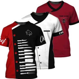 Mens Print Contrast Color Chef T Shirt Hotel Restaurant Kitchen Uniform Costume - Picture 1 of 32