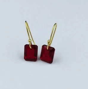 10k Solid Gold Ruby Gemstone Rectangle Earring, Dangle Drop Red Earring - Picture 1 of 4
