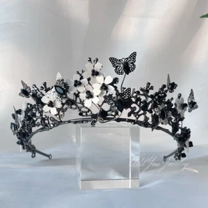 Black Butterfly Tiara Crown Detailed Princess Queen Goth bridal Halloween cospla - Picture 1 of 5