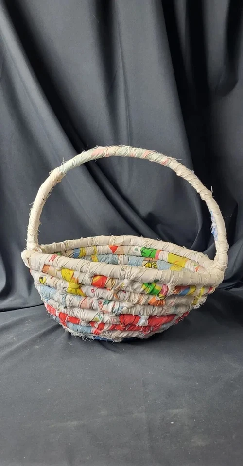 Vintage Handmade Bamboo & Fabric Basket Cottage Core Primitive Pastel 14"x12"x13 - Image 1 of 4
