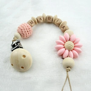 Personalised Name Silicone Baby Dummy Clip Wood Pacifier Chain Baby Shower Gifts - Picture 1 of 22