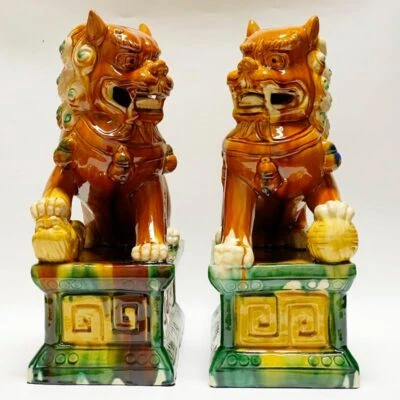 Sancai Ceramic Foo Dogs Pair of Tang Dynasty Feng Shui Guardian LionsHandcrafted - Image 1 of 4