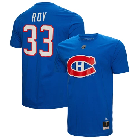 Men's Mitchell & Ness Patrick Roy Blue Montreal Canadiens  Name & Number T-Shirt Cover