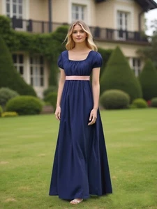 Women Regency Era Gown Empire Waist Dress with Belt Edwardian Evening Dress - Picture 1 of 52