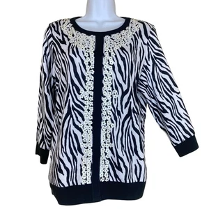 Cathy Daniels Black & White Zebra Print with 3D Flower Cut Outs Sweater Medium - Picture 1 of 10