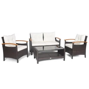 4PCS Patio Rattan Furniture Set Cushioned Sofa Storage Table Backyard Off White - Picture 1 of 10