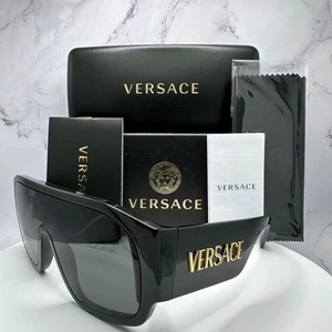 New VERSACE Sunglasses Black Aviator Wrap Shield Runway Gold Letter Logo - Picture 1 of 24