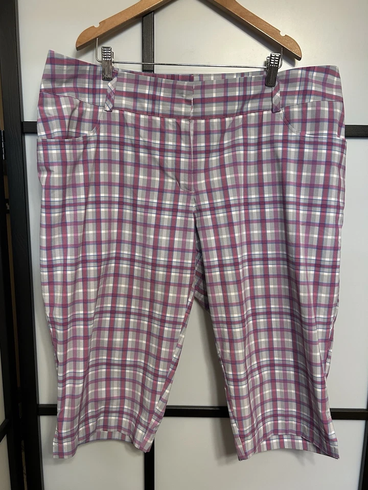 Adidas Climalite Women's Bermuda Golf Shorts Sz 16 Stretch Plaid Gray Purple - Image 1 of 4