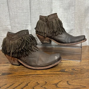 Women’s 7 Western Fringe Cowgirl Boots Brown Leather Ankle Zip Mexico Boho - Picture 1 of 7