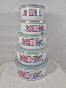 Vintage Enamel Bowls Lids Pink Cabbage Rose Pattern Stackable Storage Nesting - Picture 1 of 24