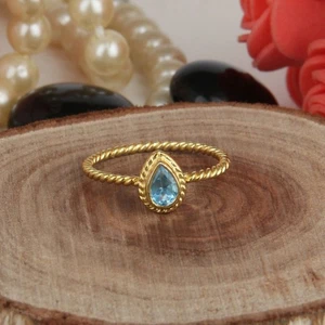 Womens Engagement Blue Topaz Ring 925 Silver Gold Plated Twisted Band Rings - Picture 1 of 3
