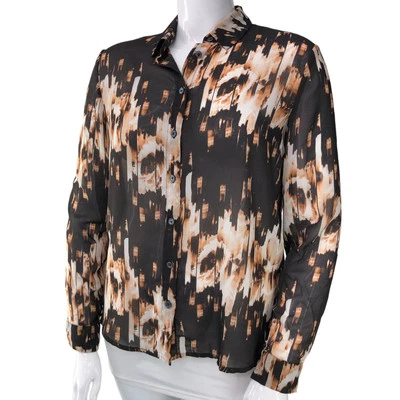 Derek Lam Design Nation Mujer Talla L Botón Frontal Top Marrón Abstracto Fluido Foto 1 de 4