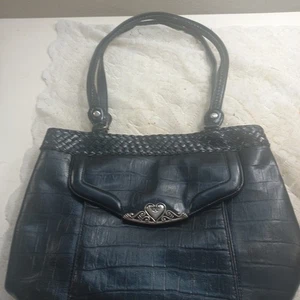 MC Marc Chantal Black Croc Embossed Shoulder Bag Purse Satchel Braided Handles - Picture 1 of 12