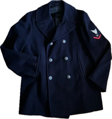 Abrigo De Colección US MILITAR Para Hombre L Azul Marino 100% Lana Campo Guisante Doble Pecho Foto 1 de 4