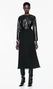Zara Black Faux Leather Belted Pleated Midi Dress Size S 9320/703 - Picture 1 of 7
