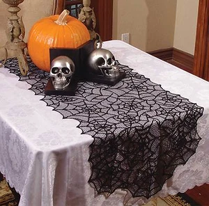 Haunted House Gothic Black LACE SPIDER WEB TABLE RUNNER Halloween Decoration-80" - Picture 1 of 2