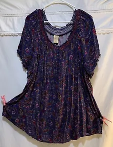 ❤️Faded Glory blau Blumenmuster Bauern Top Bluse Übergröße 3X (22W-24W) - Bild 1 von 9