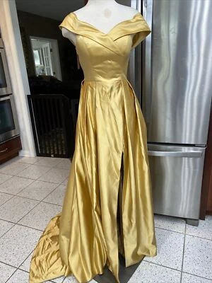 NUEVO CON ETIQUETAS Yishaer ORO AMARILLO MOSTAZA Impresionante VESTIDO DE FIESTA DE GRADUACIÓN TALLA 2 ABERTURA Foto 1 de 4