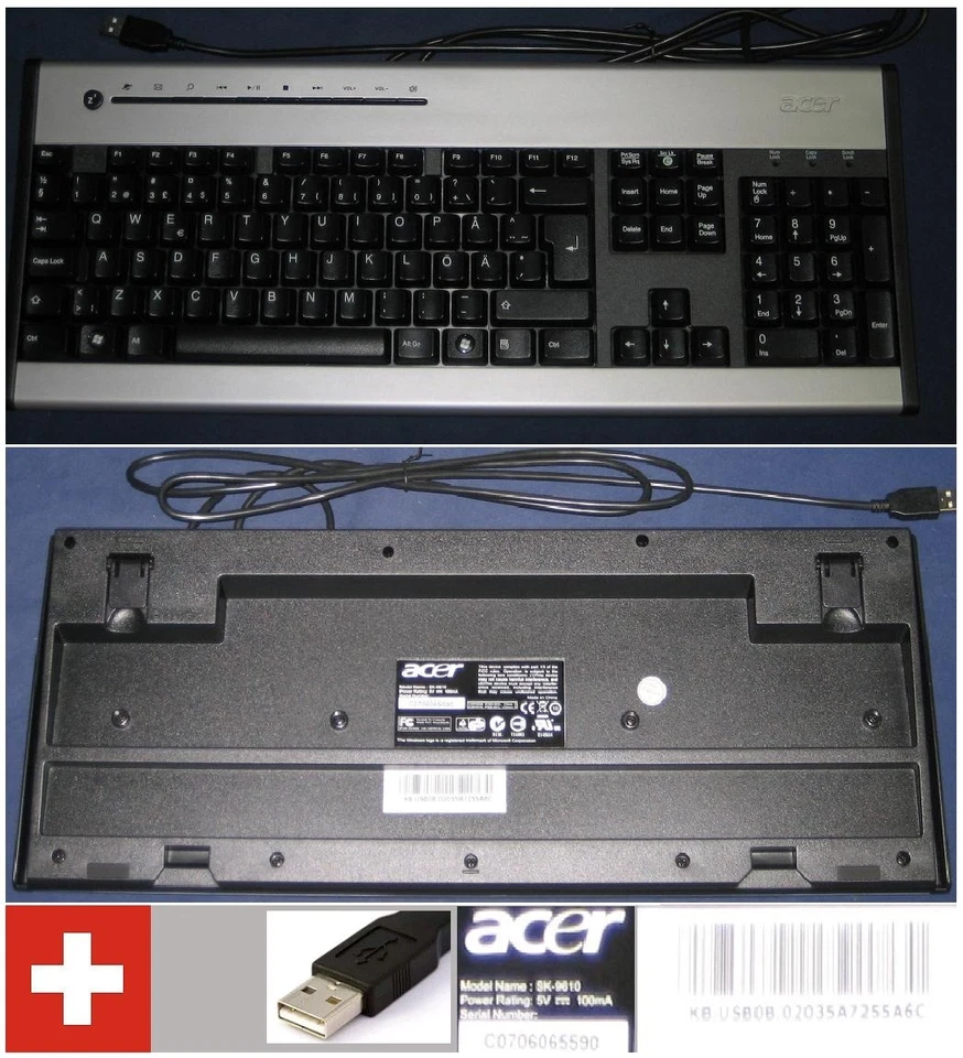 Tastiera Qwertz Swiss-Allemand Acer SK-9610 SK9610, KB.USB0B.020, Porta USB - Immagine 1 di 1