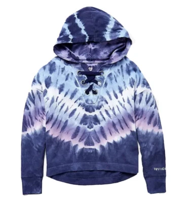Justice Girls Hoodie Sweatshirt Blue Size 7 Tie Dye Cotton Pullover Lace Up Logo - Image 1 of 4