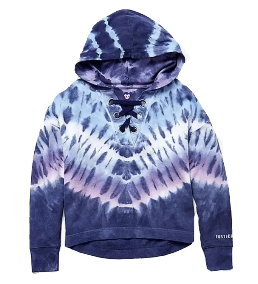 Sudadera con Capucha Justice Girls Azul Talla 7 Tie Dye Algodón Pullover Con Cordones Logo Foto 1 de 4