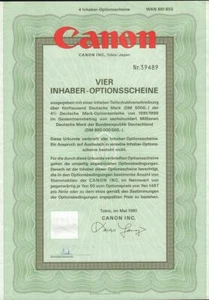 CANON INC TOKYO JAPAN  old warrant 1991 ( Camera / Printer Makers )  - Picture 1 of 1