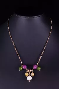 NECKLACE of SOLID PINK GOLD GOLD w. RUBY, RUTILE QUARTZ, WHITE JADE & AVENGERINE - Picture 1 of 2