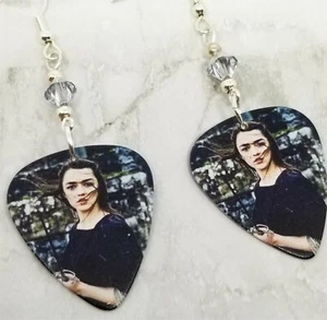 Game of Thrones Arya Stark Guitar Pick Earrings with Silver Swarovski Crystals - Picture 1 of 5