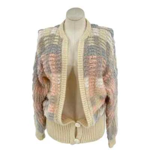 Vintage 80s Boho Beige Fuzzy Sweater Oversized Cozy Cardigan Lindsay Scott M - Picture 1 of 10